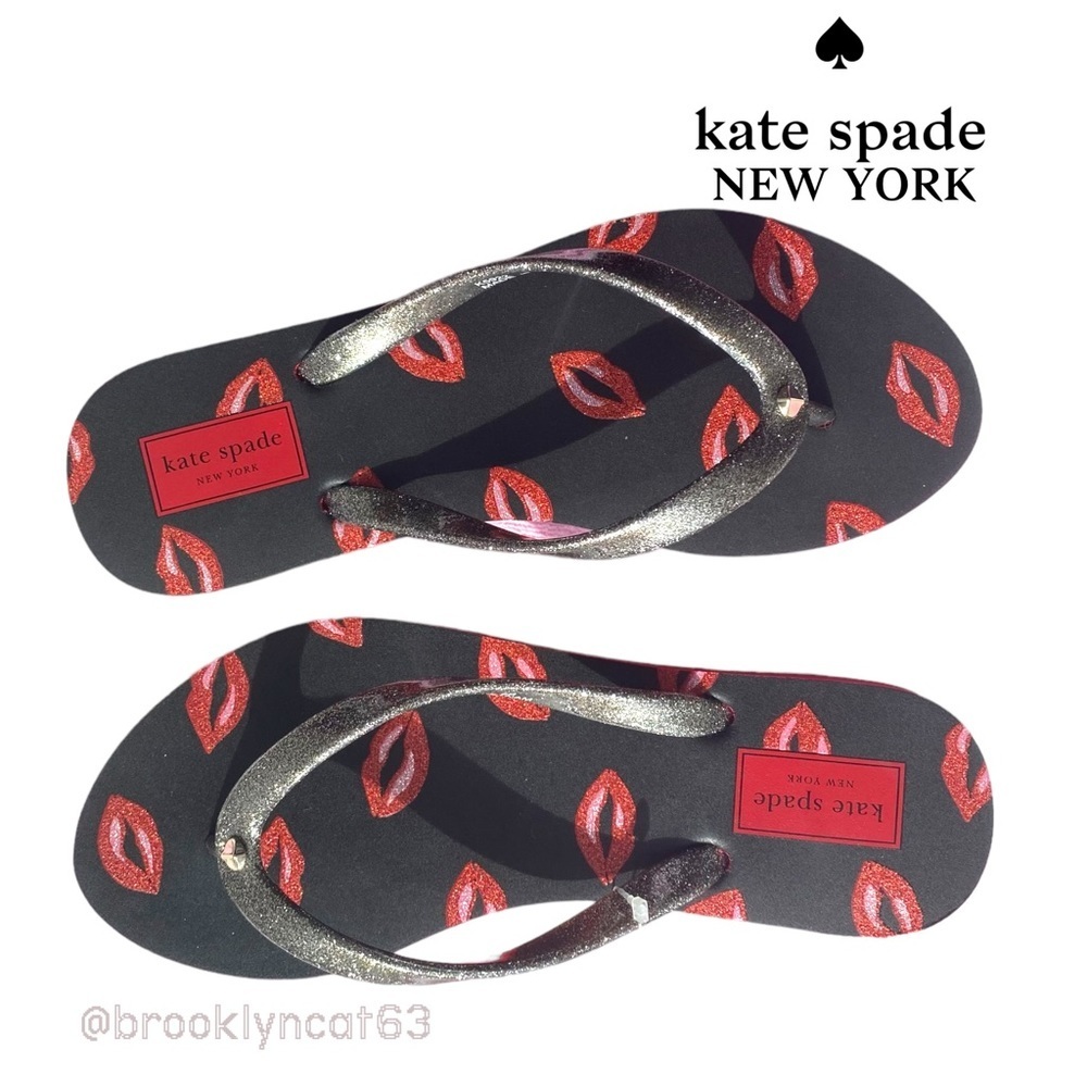 Kate Spade New York Fiji Flip Flops Sandals Lips Lingonberry Black Red SZ 6 - Picture 5 of 11